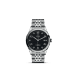 Tudor stainless steel watch with elegant black dial, diamond indices, and interlocking link strap.