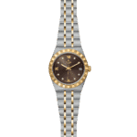 Luxurious Tudor watch with gold and stainless steel design, brown dial, and diamond markers.