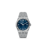 Stylish Tudor watch with blue dial, diamond markers, and stainless steel bracelet for elegance.