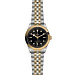 Tudor luxury watch featuring a black dial with gold and stainless steel accents.