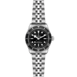 Tudor stainless steel watch with black dial, luminescent markers, and rotating bezel for divers.