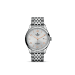 Elegant Tudor watch with a silver stainless steel case and textured guilloche dial.