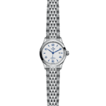 Elegant Tudor wristwatch with silver case, white dial, blue accents, and stainless steel bracelet.