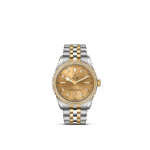 Tudor luxury watch with diamond accents, gold dial, and two-tone bracelet design.