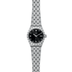 Elegant Tudor watch with diamond markers, black dial, and stainless steel bracelet for luxury styling.