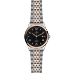 Elegant Tudor watch in stainless steel and rose gold with a black textured dial.