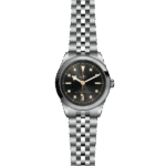Tudor luxury wristwatch with stainless steel case and elegant black dial, showcasing expert craftsmanship.