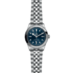 Tudor chronometer watch features a blue dial and stainless steel bracelet for stylish elegance.