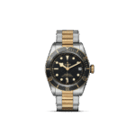 Luxury Tudor watch in stainless steel and gold, featuring a black dial and diving capabilities.