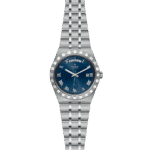 Elegant Tudor watch with stainless steel, blue dial, Roman numerals, and date display.