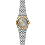 Luxury Tudor watch with stainless steel and gold, Roman numerals, and an elegant two-tone strap.