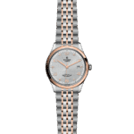 Elegant Tudor watch featuring rose gold accents, stainless steel case, and a textured silver dial.