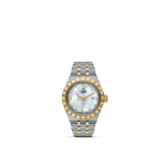 Elegant Tudor watch featuring a mother-of-pearl dial with diamond markers and gold accents.