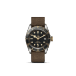 Tudor diving watch with black face, gold accents, and rugged fabric strap for stylish exploration.