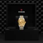Tudor luxury watch in elegant packaging, showcasing exquisite two-tone design and craftsmanship.