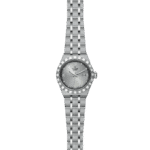 Elegant stainless steel watch with a silver dial, Roman numerals, and diamond-like hour markers.