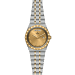 Elegant Tudor watch with gold dial, Roman numerals, date display, and luxurious two-tone bracelet.