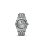 Elegant Tudor watch with diamond markers, stainless steel case, and refined silver dial design.