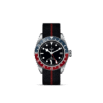 Tudor stainless steel GMT watch features a black dial and vibrant two-tone bezel.