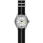 Elegant Tudor watch with stainless steel case, white dial, and sporty yellow accents.