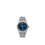 Elegant Tudor watch with blue dial, stainless steel case, and luxurious design.