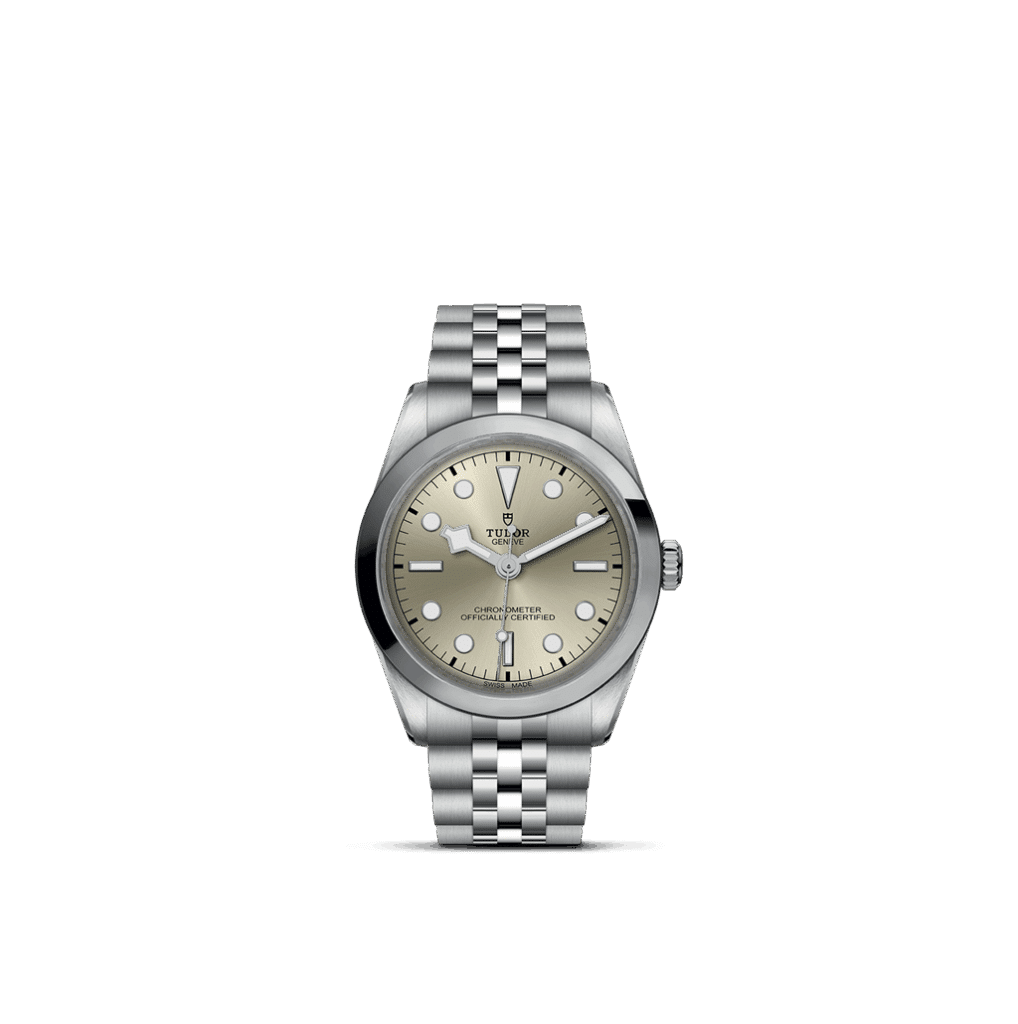 Elegant Tudor wristwatch with polished stainless steel case and sophisticated silver dial.