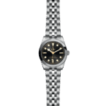 Elegant Tudor wristwatch with stainless steel design, black dial, and luminous markers.