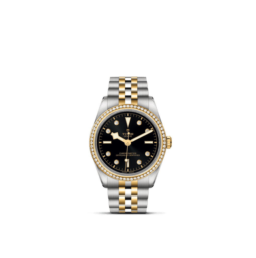 Luxury two-tone watch with diamond markers and a black dial for elegant timekeeping.