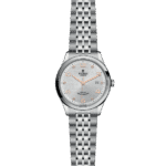 Elegant Tudor watch with silver dial, rose gold accents, and a stylish mesh bracelet.