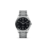 Elegant Tudor wristwatch with stainless steel case, black textured dial, and automatic self-winding feature.