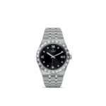 Tudor stainless steel watch features a black dial, Roman numerals, and a sleek bracelet design.