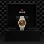 Luxurious Tudor watch in elegant black box, showcasing gold and silver design with classic elegance.