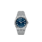 Tudor stainless steel watch with blue dial and unidirectional bezel, blending elegance and functionality.