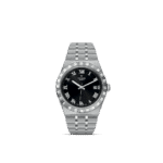 Elegant Tudor stainless steel watch with black dial, Roman numerals, and date function.