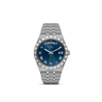 Stylish Tudor watch with deep blue dial, Roman numerals, and stainless steel bracelet.