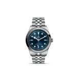 Elegant Tudor watch with deep blue dial, stainless steel case, and classic jubilee bracelet.