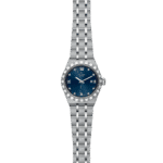 Elegant stainless steel watch with a striking blue dial and diamond accents for luxury style.