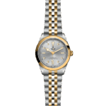 Luxury Tudor watch with stainless steel and gold design, featuring a silver dial and diamond markers.