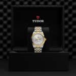 Luxurious Tudor watch in elegant display box featuring stainless steel and gold design.