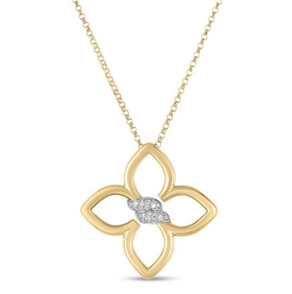 Elegant yellow gold four-leaf clover necklace with shimmering gemstones, perfect for any occasion.