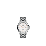 Tudor stainless steel watch with rose gold accents and textured white dial, featuring date complication.