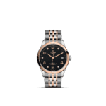 Tudor luxury watch with rose gold accents, black dial, and diamond hour markers.