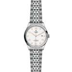 Elegant Tudor wristwatch with rose gold accents, white dial, and polished stainless steel bracelet.