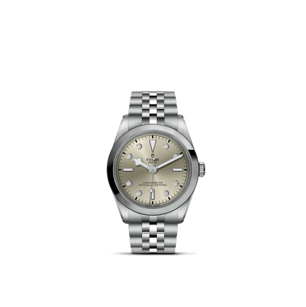 Elegant Tudor watch with stainless steel case, taupe dial, and luxurious design for any occasion.