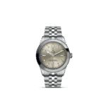 Elegant Tudor watch with champagne dial, diamond markers, and stainless steel bracelet.