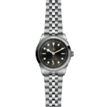 Elegant Tudor watch featuring a black dial, stainless steel casing, and luminescent markers.