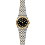 Elegant Tudor watch in two-tone stainless steel and gold with black dial and Roman numerals.
