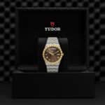 Luxurious Tudor watch in a black box, featuring a two-tone bracelet and elegant brown dial.