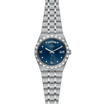 Elegant Tudor watch with blue dial, diamond markers, and stainless steel bracelet. Perfect luxury accessory.