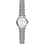 Elegant Tudor watch with stainless steel case, white dial, and sophisticated mesh bracelet.